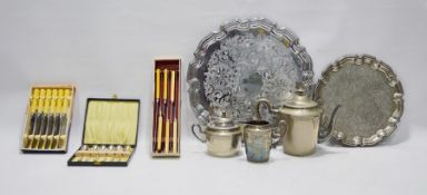 Two various silver teaspoons, silver salt spoon with parcel-gilt bowl, EPNS three-piece tea