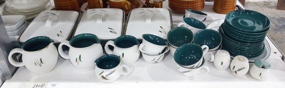 Large quantity of Denby Greenwheat pattern stoneware to  include dinner plates, bowls, teapots,