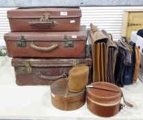 Quantity of vintage leather suitcases, collar boxes with colars, attache cases, three vintage