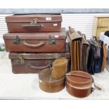 Quantity of vintage leather suitcases, collar boxes with colars, attache cases, three vintage