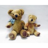 Merrythought gold plush teddy bear with brown button eyes, brown felt pads, 43cm high and another