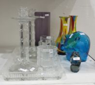 Pair of Murano glass vases, a studio purple glass vase, a pair of table candlesticks, tray, a blue