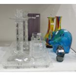 Pair of Murano glass vases, a studio purple glass vase, a pair of table candlesticks, tray, a blue