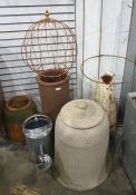 One large and one small rhubarb forcer, a reclaimed chimney pot with gold coloured globe