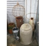 One large and one small rhubarb forcer, a reclaimed chimney pot with gold coloured globe