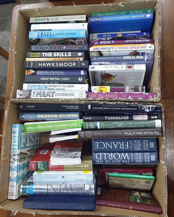 Two boxes of cookery books including Michel Roux "Cheese", "Nathan Outlaw's Everyday Seafood",