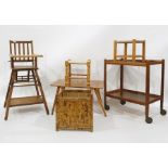 Assorted items to include child's vintage high chair, coffee table, two-tier tea trolley, string-