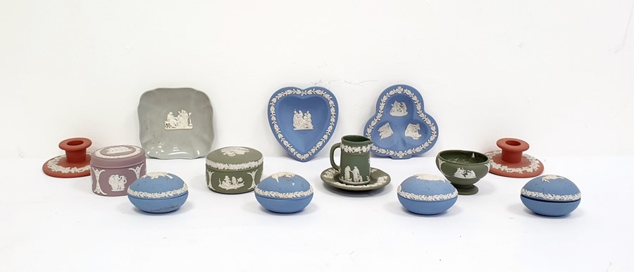 Large collection of Wedgwood blue and white, green and white, purple and white jasperware to include