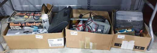 Three boxes of hand and power tools including Black and Decker circular saw, Bosch angle grinder,