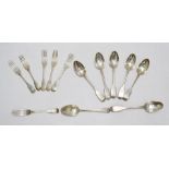 Matched set of six fiddle pattern silver table forks and six fiddle pattern silver table spoons,