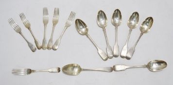 Matched set of six fiddle pattern silver table forks and six fiddle pattern silver table spoons,