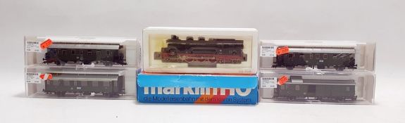 Marklin 'HO' gauge 4-6-4 locomotive DB78355, boxed and four pieces of Marklin rolling stock, boxed