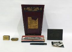 Folding embossed bin, horn snuff box, Hohner harmonica, 1922 10,000 Mark note, treen block carved
