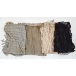Large grey cobweb shawl, a vintage grey chiffon shawl, a modern woollen shawl and a length of