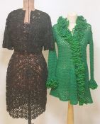 Sally Levins emerald green crocheted dress with lame trimmed frill to the front and to the