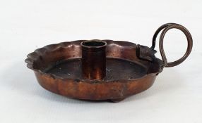 Joseph Sankey & Sons copper chamberstick, circular with scalloped everted rim, double-scroll handle,