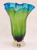 Murano-type handkerchief vase with blue rim, green body, clear base, 28.5cm