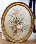Silk embroidered picture of a spray of peony, lily of the valley and other flowers, oval, 37cm x
