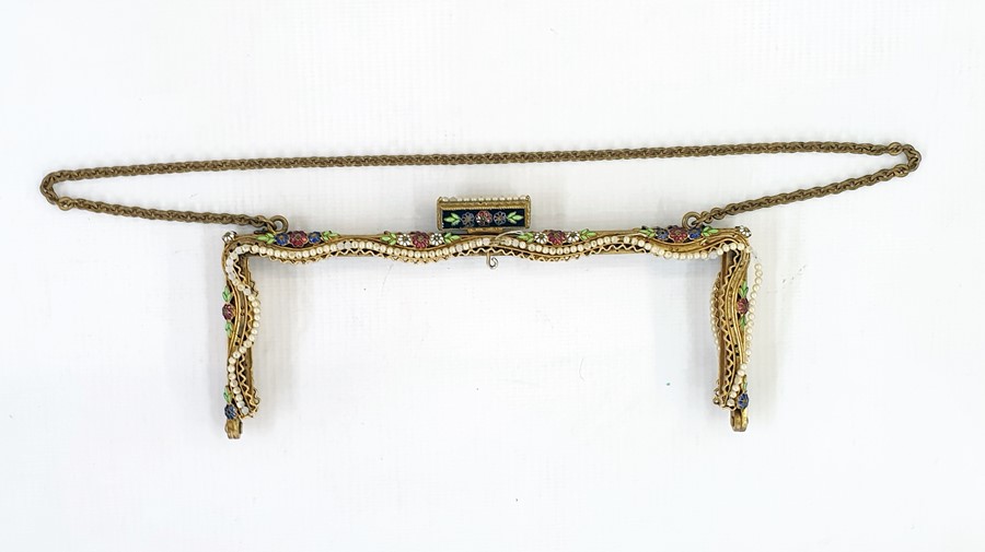 Decorated frame for an evening bag with gilt metal mount, faux seedpearls and enamel flower