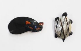 Lea Stein cat brooch, black with faux tortoiseshell eyes and ears and a Leichstein tortoise brooch
