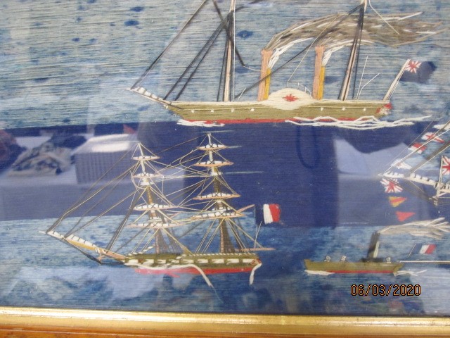 19th century woolwork embroidered and thread overlay picture of twelve variously two or three-masted - Image 7 of 11