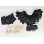 Box of assorted accessories including feathered fringe, beaded and net collars, shawls, loose