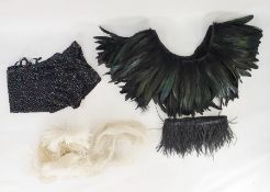 Box of assorted accessories including feathered fringe, beaded and net collars, shawls, loose