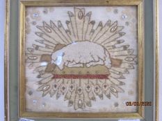 19th century woolwork and metallic thread embroidered picture with applique beads, The Lamb sleeping