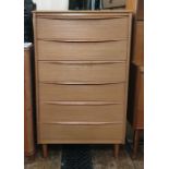 20th century teak chest of six drawers, on turned tapering supports, 67cm x 112cm
