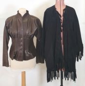 Jean Muir black suede coat with fringe detail to the hem, sleeves and front, size UK 8, a Jean