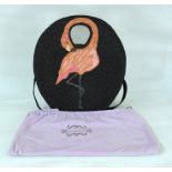 Lulu Guinness circular straw beach bag embroidered with a flamingo in raffia on straw, with carry