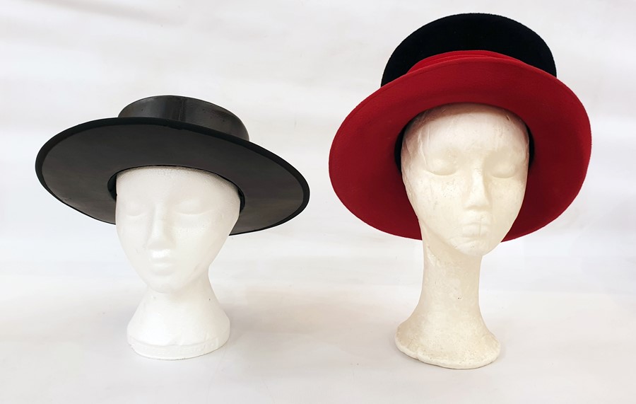 Philip Treacy black and red wool felt hat and a Spanish leather riding hat labelled 'Durate' (2)