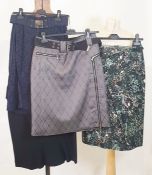 High dark blue lace skirt, Diane von Furstenberg black wool skirt with brass button detail to the