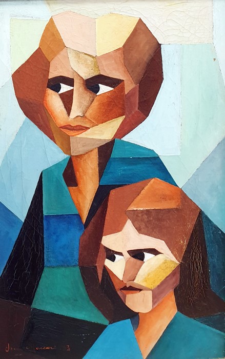 20th Century School, Oil on canvas,  Cubist portrait of two figures, indistinctly signed lower
