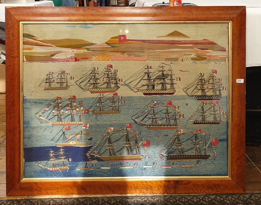 19th century woolwork embroidered and thread overlay picture of twelve variously two or three-masted - Image 2 of 11