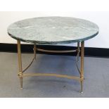 20th Century coffee table, circular green marble top  on stretchered brass base (70cm diameter)