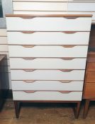 20th century melamine bedroom chest of seven drawers with cream fronts, 75cm x 119cm