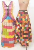 1970's full velvet patchwork skirt, a 1970's crocheted multi-coloured top and a Tachi Castillo