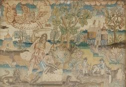 17th century silk needlework picture, with The Sacrifice of Isaac, in landscape scene, Abraham and