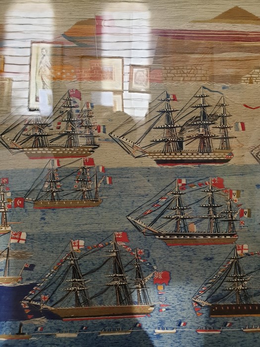 19th century woolwork embroidered and thread overlay picture of twelve variously two or three-masted - Image 4 of 11