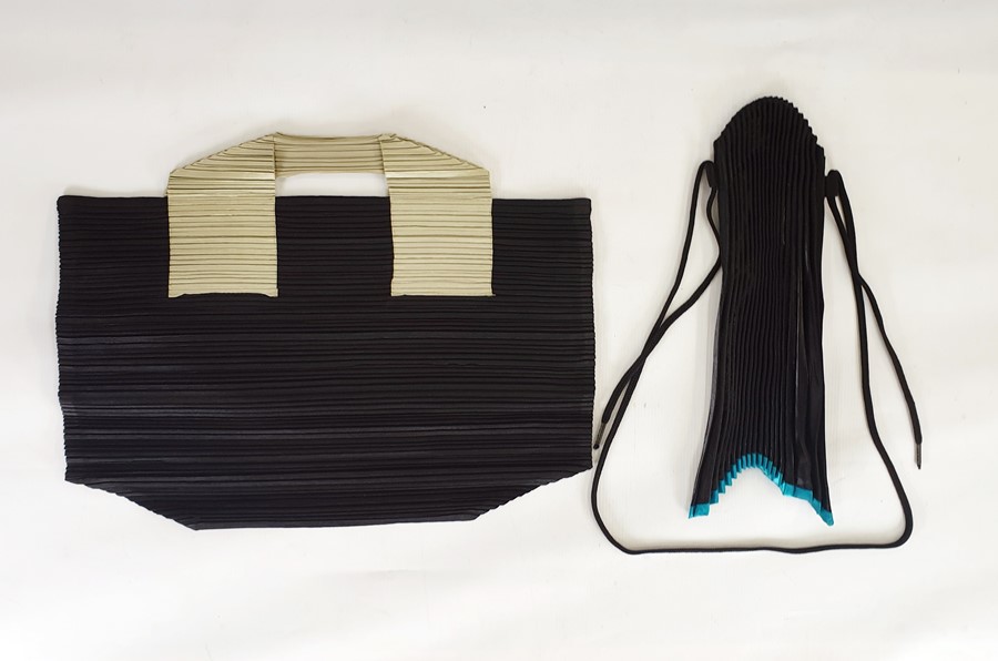 Issy Miyake pleat bags late 1990's, one with turquoise detail, inverted  shape, draw-string, the