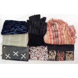 Various scarves including Dries van Noten, panels of silk with mother-of-pearl button and