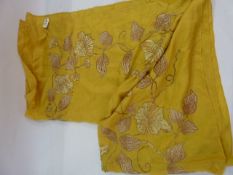 Large piece of yellow silk embroidered with silk and gold thread, flowers and honeysuckle(?) in