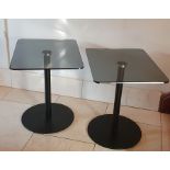 Pair contemporary smoked glass and metal pedestal occasional tables, the rectangular tops with