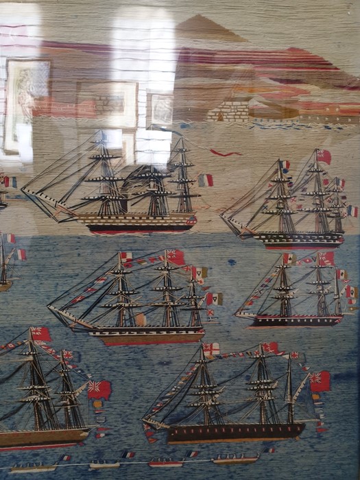 19th century woolwork embroidered and thread overlay picture of twelve variously two or three-masted - Image 5 of 11