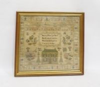 Mid 19th century sampler by Sarah Hatton dated October 26th 1845, decorated with upper and lower