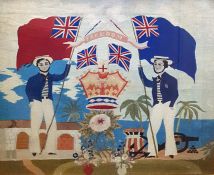 19th century woolwork embroidered picture "Freedom" with two sailors holding red and blue ensign