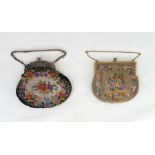 Silver-coloured metal frame, pierced and chased with images of cherubs, etc on a tapestry bag and
