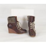 Chloe leather wedge-heeled and knitted walking boots with studs and lace fastening, in original box,