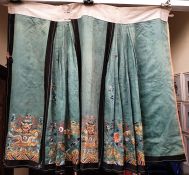 Late 19th/early 20th century Chinese turquoise-green ground embroidered silk skirt, worked in gold